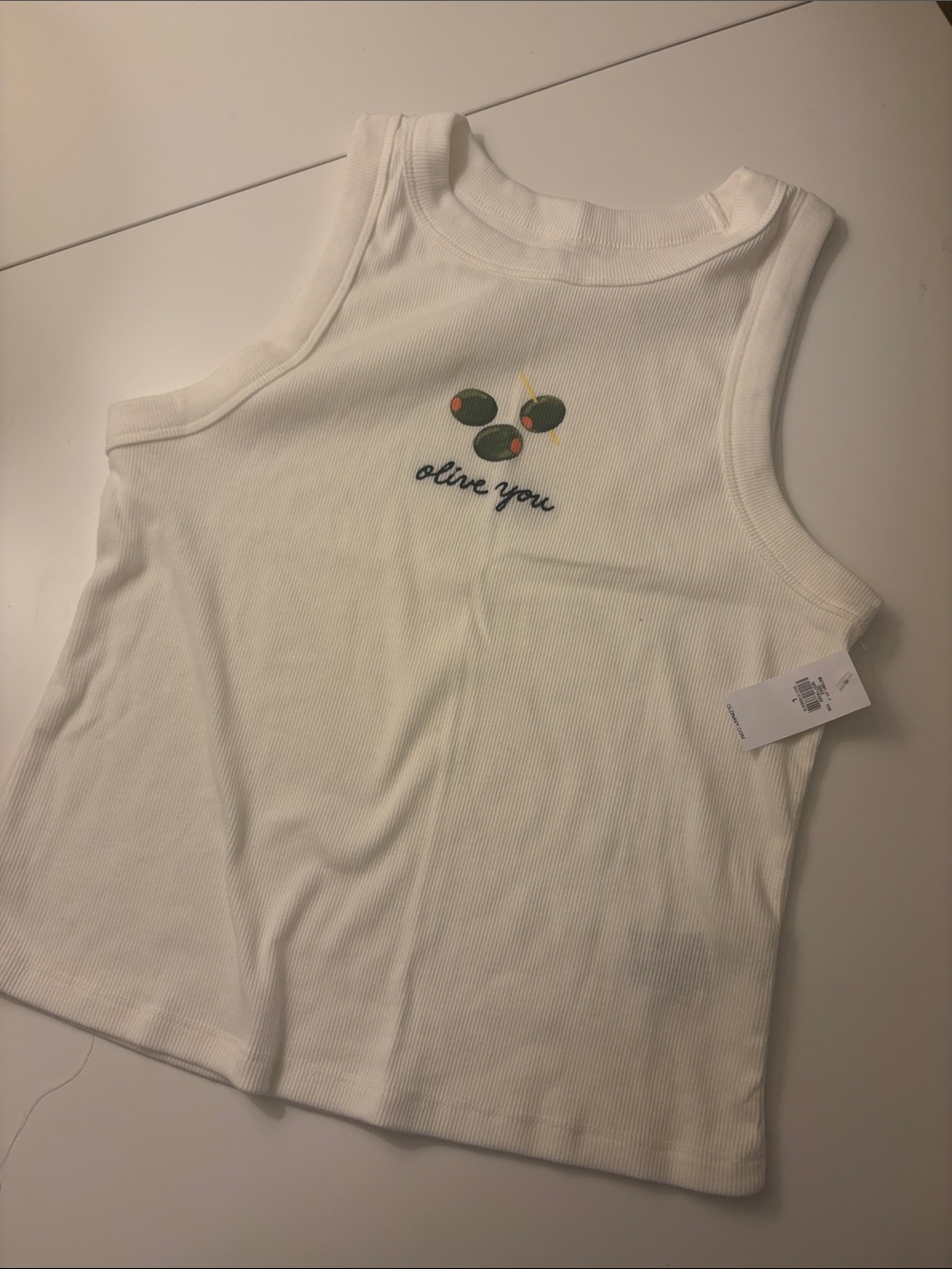 NWT Old Navy “Olive You” High Neck Cream Tank